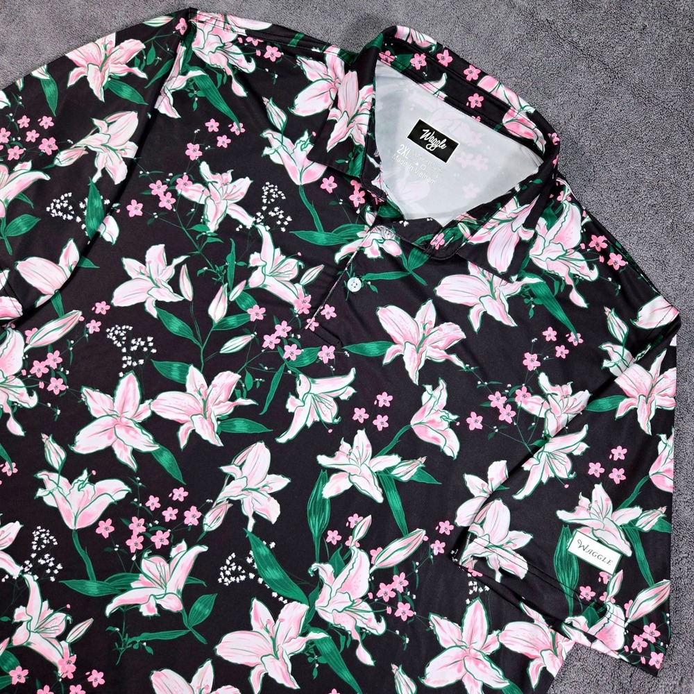 Waggle Golf Polo Mens 2XL Black Pink Floral Lily Performance Stretch Excellent